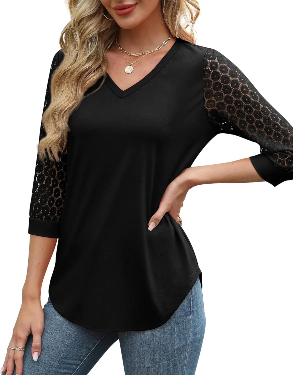 XIEERDUO 3/4 Length Sleeve Womens Tops V-Neck Lace Tunic Tops Business Casual Blouses 2025