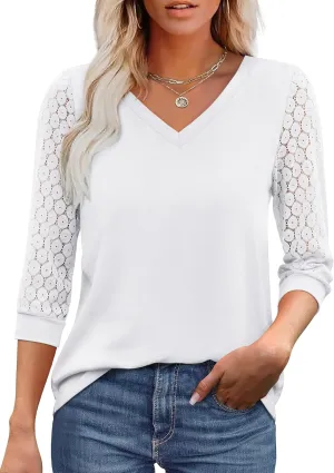 XIEERDUO 3/4 Length Sleeve Womens Tops V-Neck Lace Tunic Tops Business Casual Blouses 2025