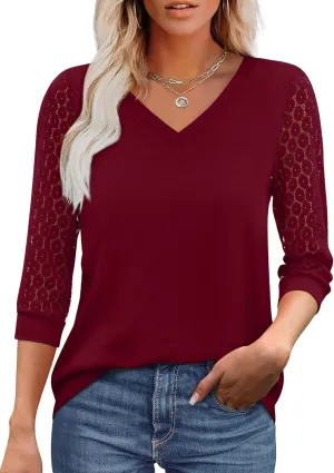 XIEERDUO 3/4 Length Sleeve Womens Tops V-Neck Lace Tunic Tops Business Casual Blouses 2025