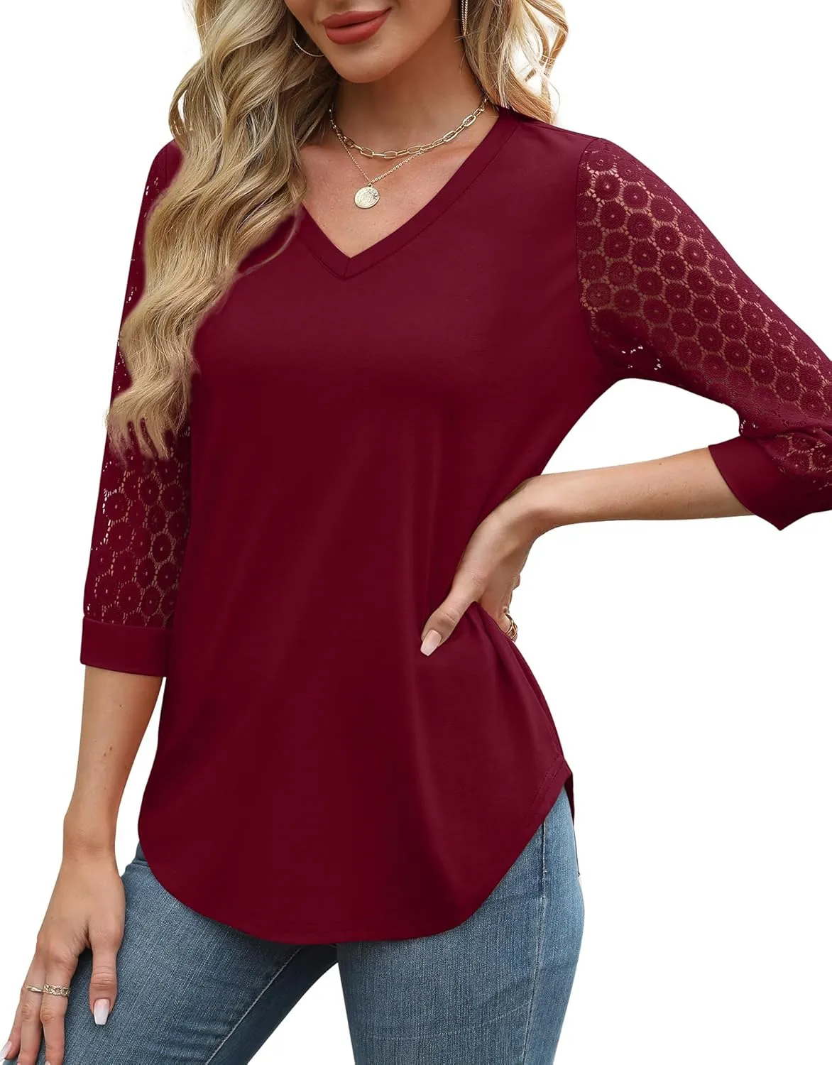 XIEERDUO 3/4 Length Sleeve Womens Tops V-Neck Lace Tunic Tops Business Casual Blouses 2025