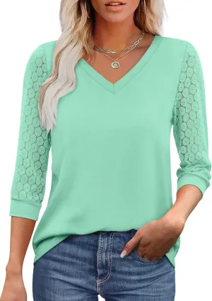 XIEERDUO 3/4 Length Sleeve Womens Tops V-Neck Lace Tunic Tops Business Casual Blouses 2025