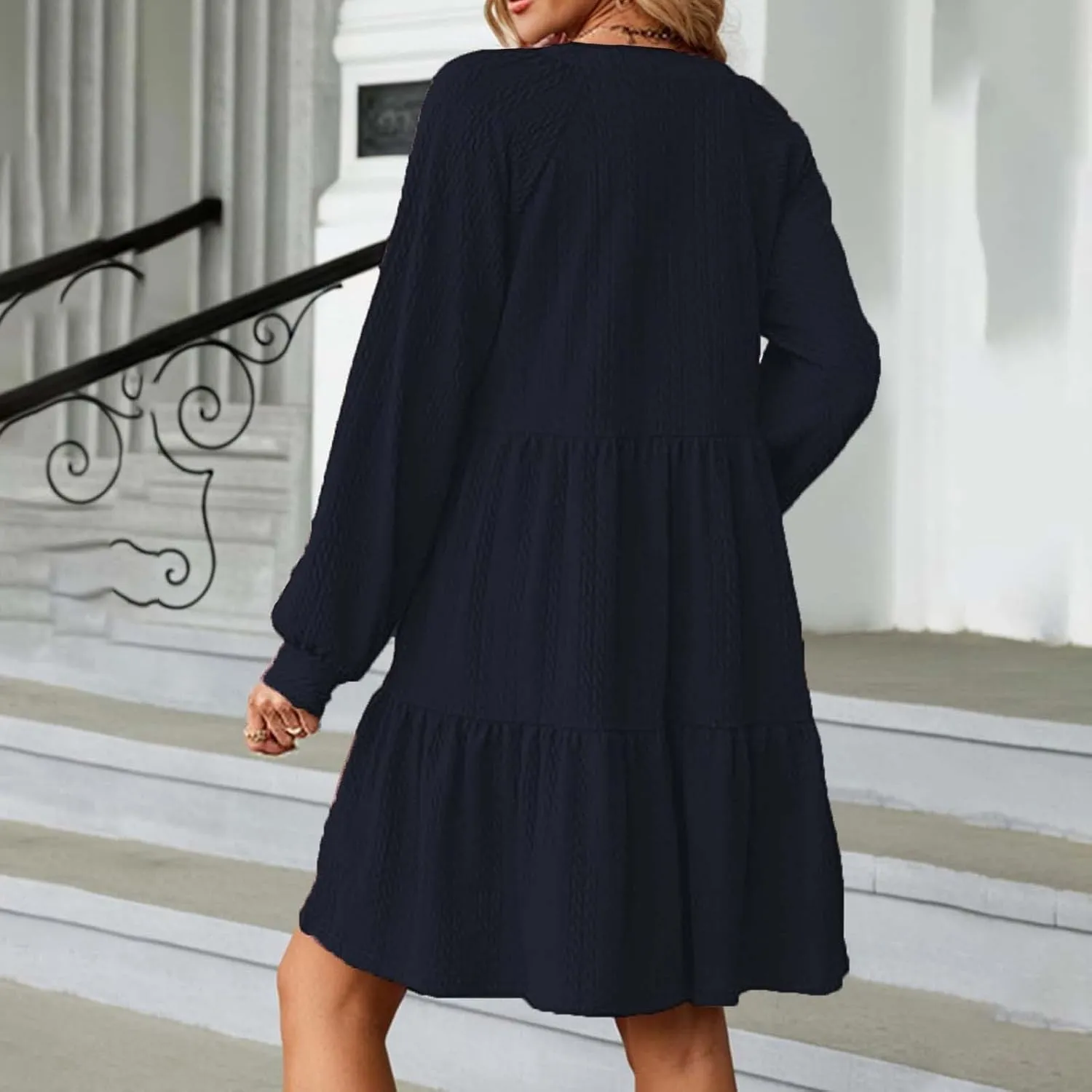 XOWRTE Womens Mini Dresses 2024 Long Sleeve V Neck Textured Casual Tiered Ruffle A-Line Swing Mini Babydoll Dress Party Dress