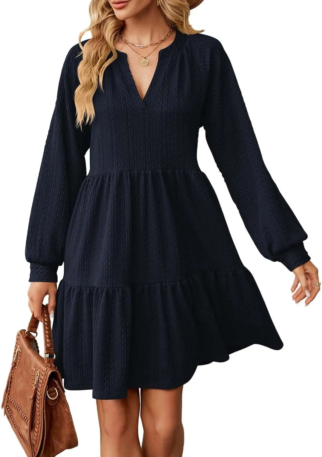 XOWRTE Womens Mini Dresses 2024 Long Sleeve V Neck Textured Casual Tiered Ruffle A-Line Swing Mini Babydoll Dress Party Dress