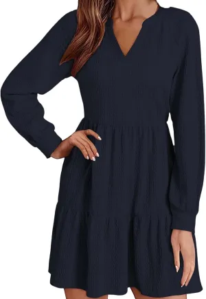 XOWRTE Womens Mini Dresses 2024 Long Sleeve V Neck Textured Casual Tiered Ruffle A-Line Swing Mini Babydoll Dress Party Dress