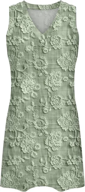 XOWRTE Women's Round Neck Eyelet Lace Embroidery Smocked Loose Party Dress Sexy Sleeveless A Line Mini Sun Dress for Women