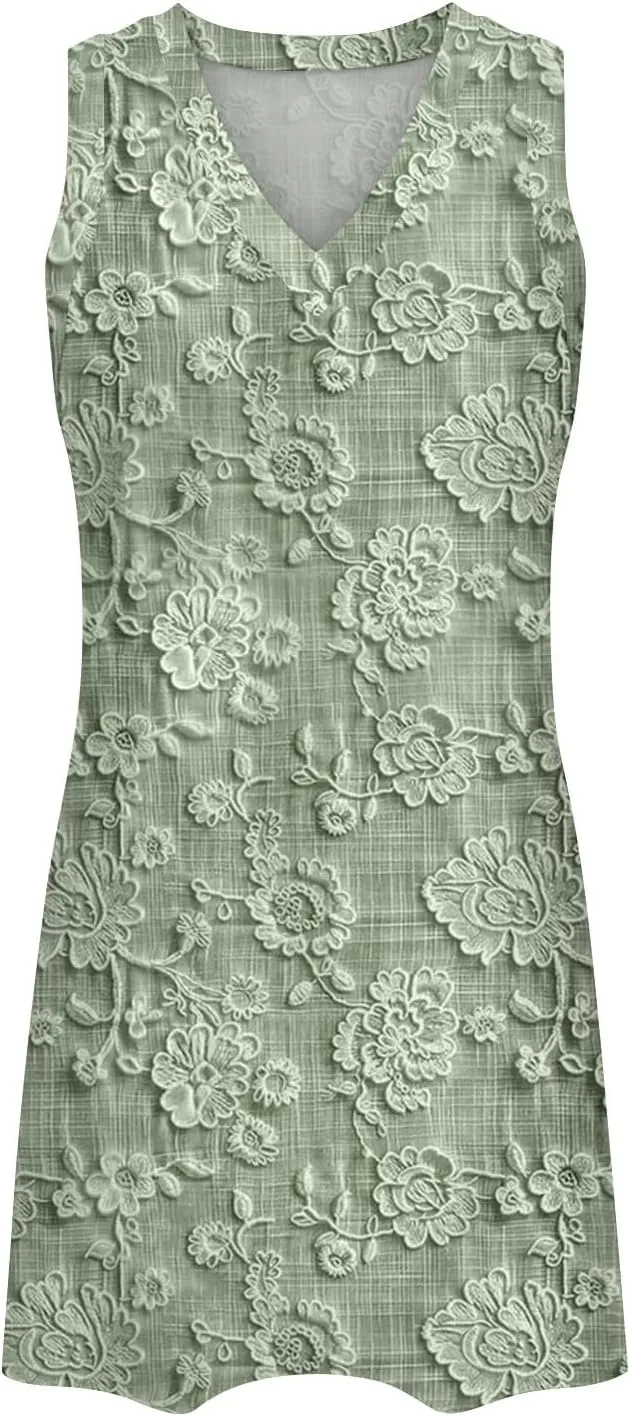 XOWRTE Women's Round Neck Eyelet Lace Embroidery Smocked Loose Party Dress Sexy Sleeveless A Line Mini Sun Dress for Women