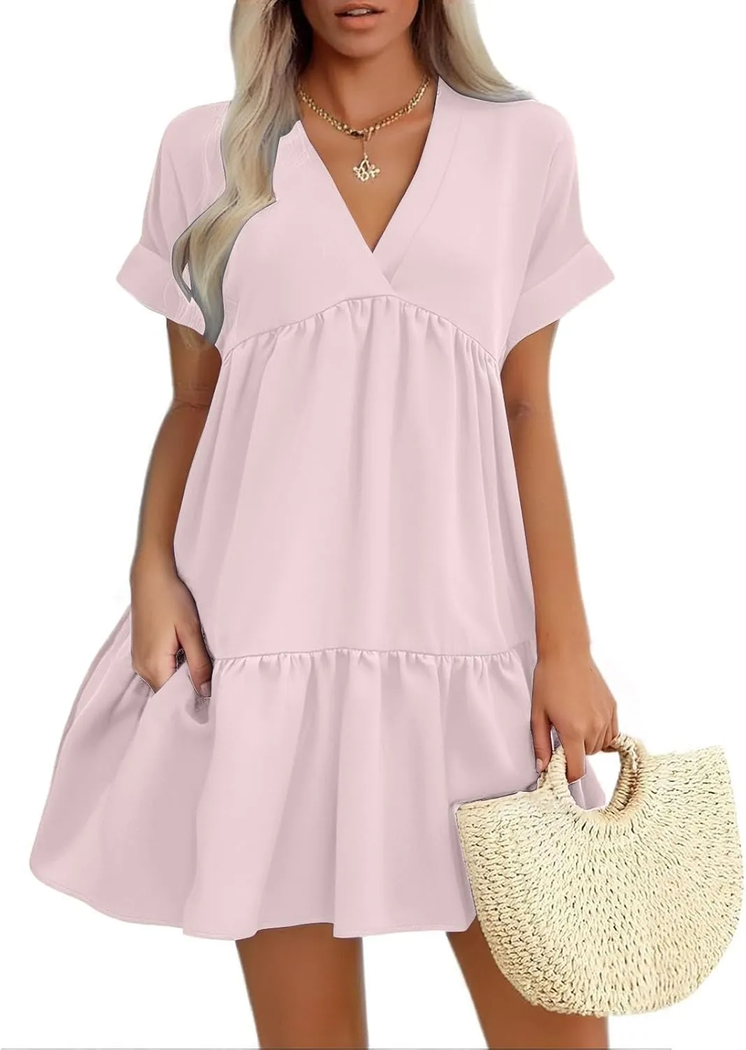 XOWRTE Womens Summer Dress V Neck Short Sleeve Ruffle Hem Tiered Flowy Swing Midi Dresses 2025 Trendy Smock Beach Sundress