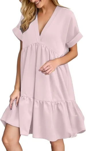XOWRTE Womens Summer Dress V Neck Short Sleeve Ruffle Hem Tiered Flowy Swing Midi Dresses 2025 Trendy Smock Beach Sundress