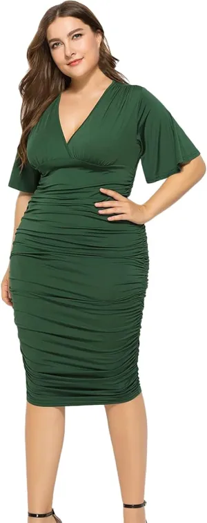 XOWRTE Womens Wrap V Neck Bodycon Dresses Plus Size Ruched Short Flare Sleeve Midi Dress Strench Formal Cocktail Dress
