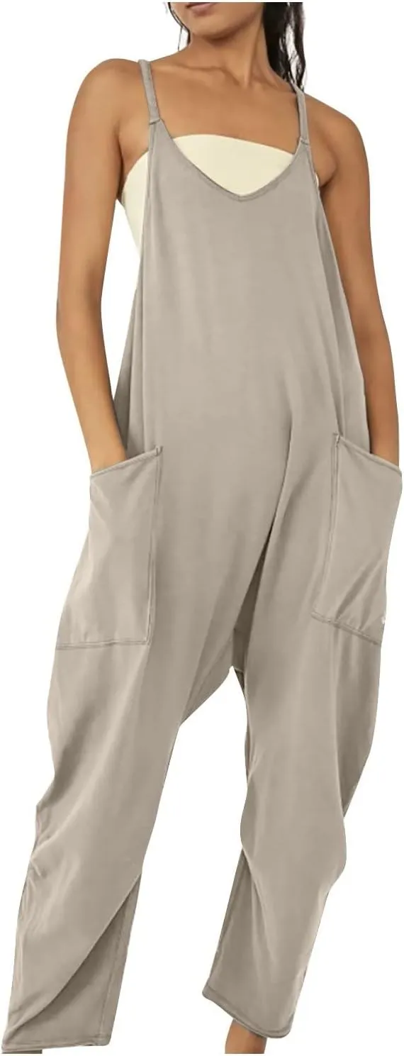 XUNRYAN Womens Casual Jumpsuits Onesie Dupes Spaghetti Strap Loose Fit Romper Overalls Summer Wide Leg Harem Pants w Pockets