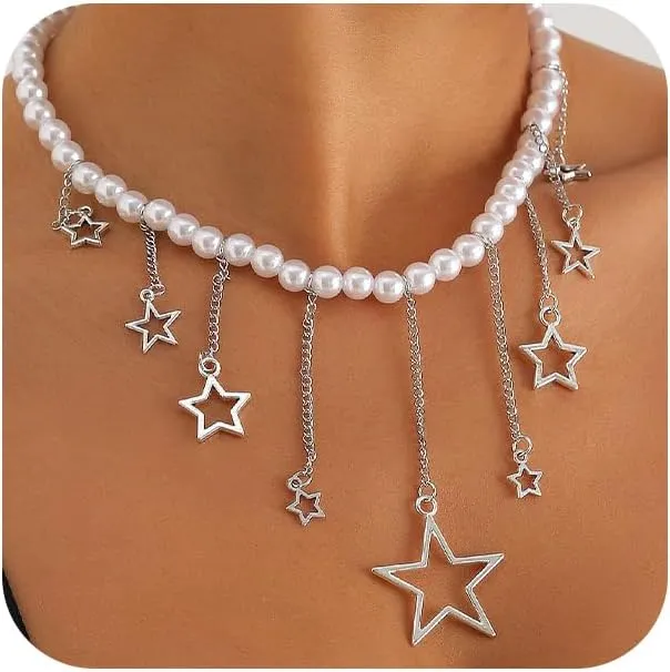 Y2k Silver Star Beaded Pearl Choker Necklace for Women Trendy, Vintage Cute Stars Pearls Necklaces Statement Aesthetic Party Prom Jewelry Gifts Accessories