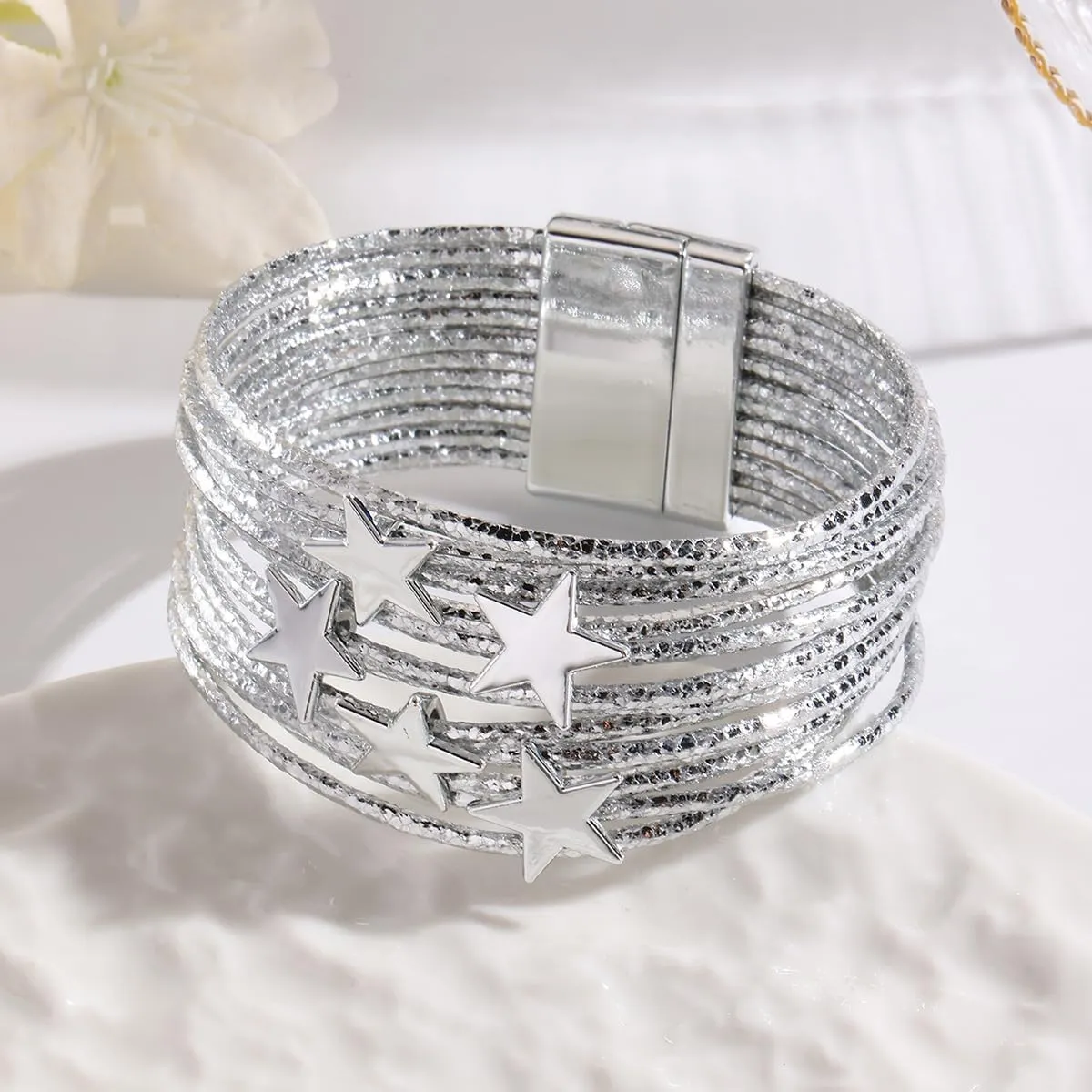 Y2K Star Multi-layer Leather Wristband Bracelet Punk Gothic Star Layered Bracelets for Women Men Aesthetic Grunge Bangle Gift Shiny Millennium Y2K Jewelry