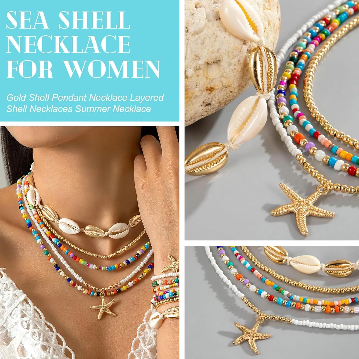 YANCHUN Shell Necklace Beach Jewelry for Women Sea Shell Necklace Layered Gold Shell Charm Necklaces Summer Outfits fwomen Beach Fashion 2025