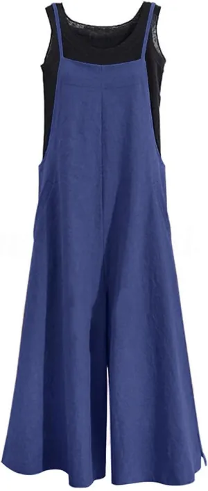 YESNO Women Casual Loose Long Bib Pants Wide Leg Jumpsuits Baggy Cotton Rompers Overalls with Pockets PZZTYP2
