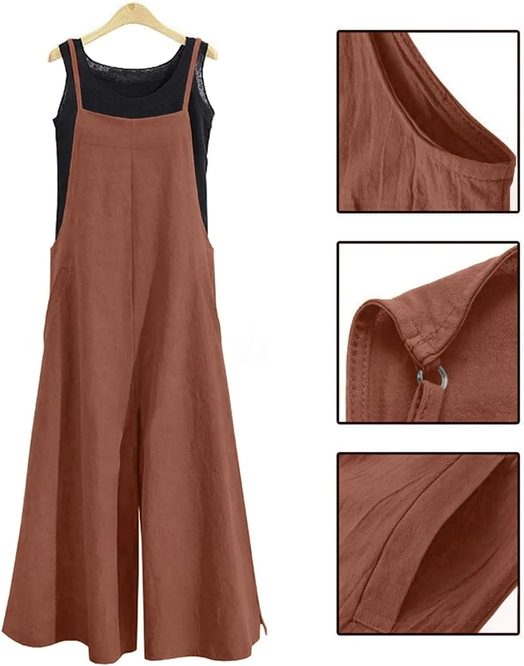 YESNO Women Casual Loose Long Bib Pants Wide Leg Jumpsuits Baggy Cotton Rompers Overalls with Pockets PZZTYP2