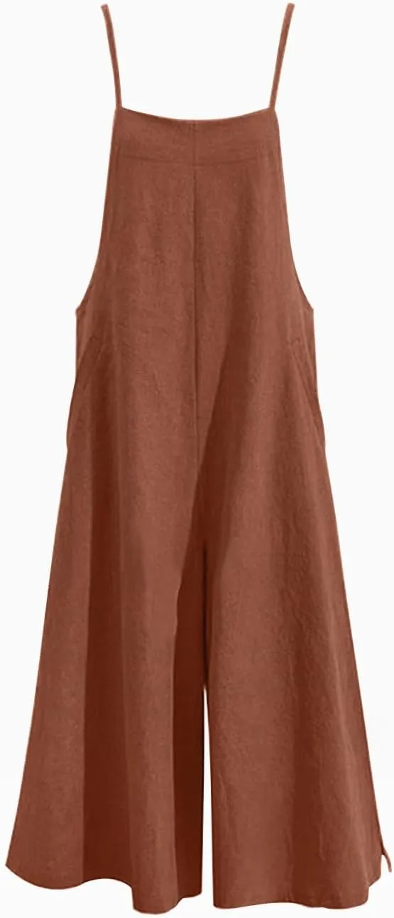 YESNO Women Casual Loose Long Bib Pants Wide Leg Jumpsuits Baggy Cotton Rompers Overalls with Pockets PZZTYP2