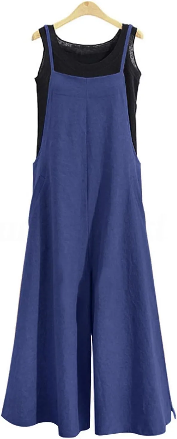 YESNO Women Casual Loose Long Bib Pants Wide Leg Jumpsuits Baggy Cotton Rompers Overalls with Pockets PZZTYP2