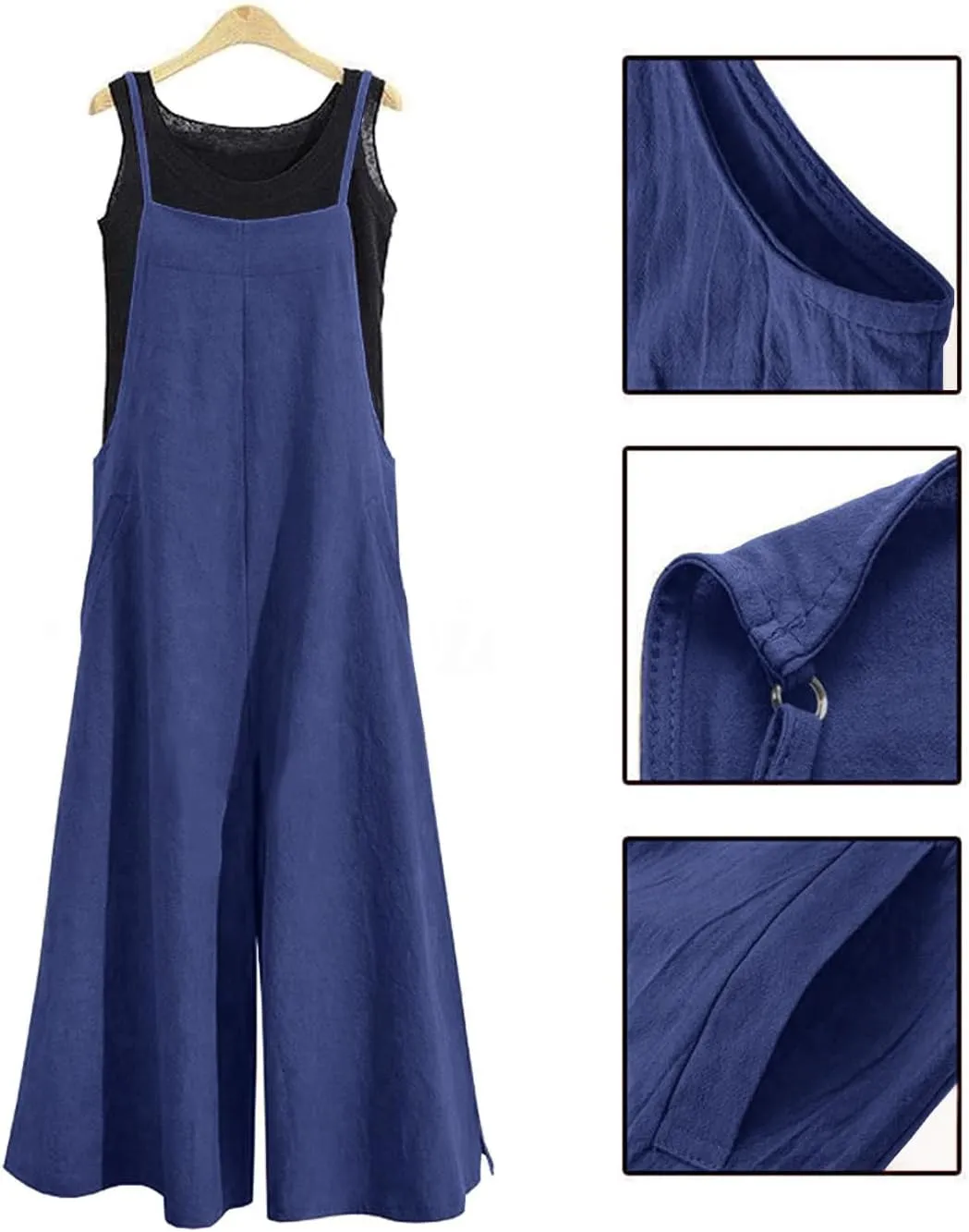 YESNO Women Casual Loose Long Bib Pants Wide Leg Jumpsuits Baggy Cotton Rompers Overalls with Pockets PZZTYP2