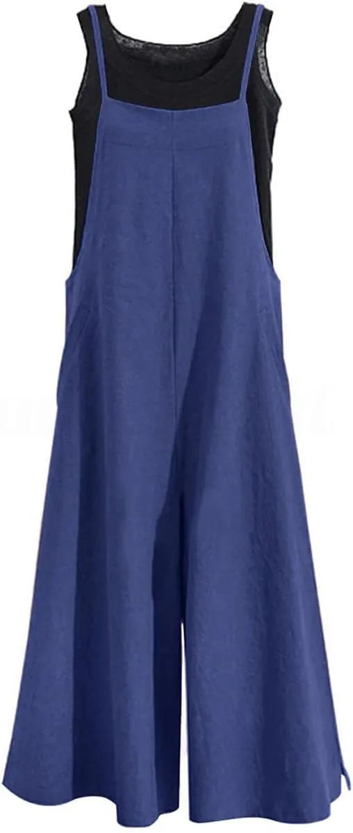 YESNO Women Casual Loose Long Bib Pants Wide Leg Jumpsuits Baggy Cotton Rompers Overalls with Pockets PZZTYP2
