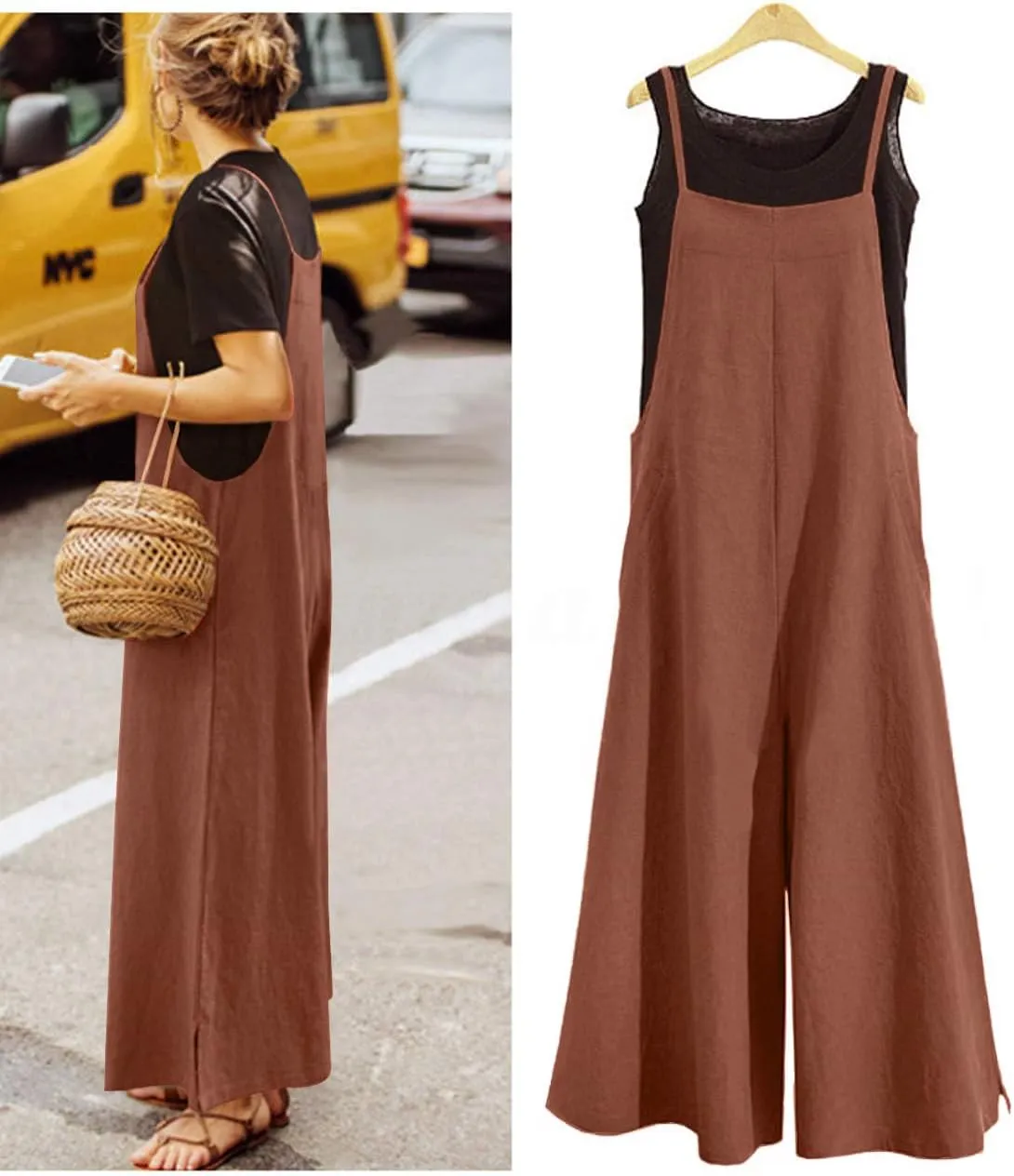 YESNO Women Casual Loose Long Bib Pants Wide Leg Jumpsuits Baggy Cotton Rompers Overalls with Pockets PZZTYP2