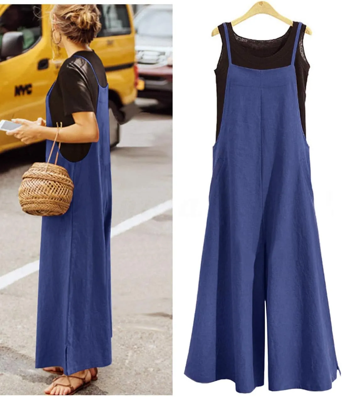 YESNO Women Casual Loose Long Bib Pants Wide Leg Jumpsuits Baggy Cotton Rompers Overalls with Pockets PZZTYP2