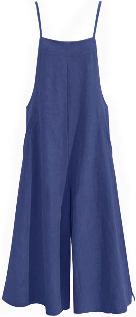YESNO Women Casual Loose Long Bib Pants Wide Leg Jumpsuits Baggy Cotton Rompers Overalls with Pockets PZZTYP2