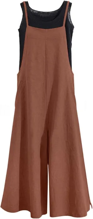 YESNO Women Casual Loose Long Bib Pants Wide Leg Jumpsuits Baggy Cotton Rompers Overalls with Pockets PZZTYP2