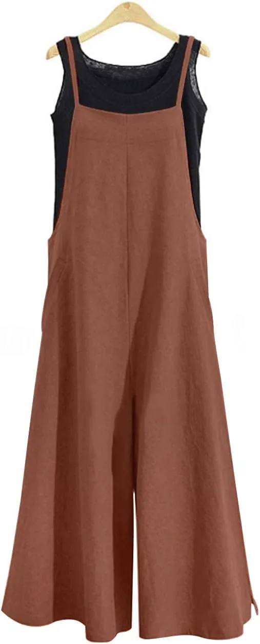 YESNO Women Casual Loose Long Bib Pants Wide Leg Jumpsuits Baggy Cotton Rompers Overalls with Pockets PZZTYP2