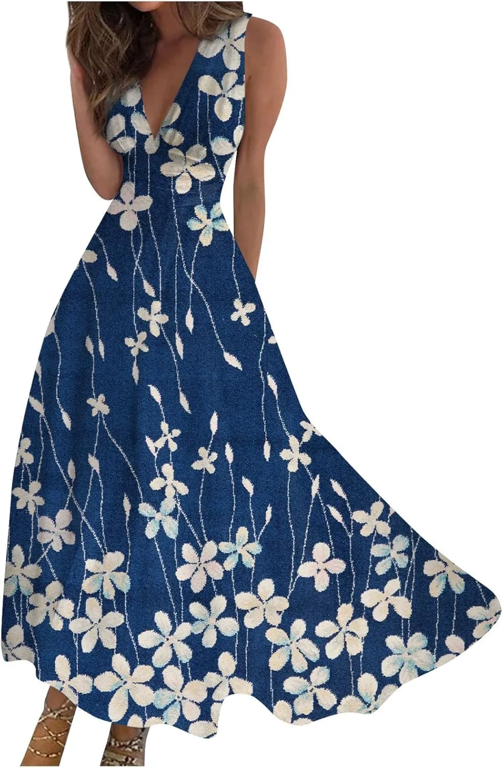 Yesunpxs Summer Dresses for Women 2024 Wrap V Neck Flowy Ruched Maxi Dress Sleeveless Printed Beach Dresses Boho Sundresses