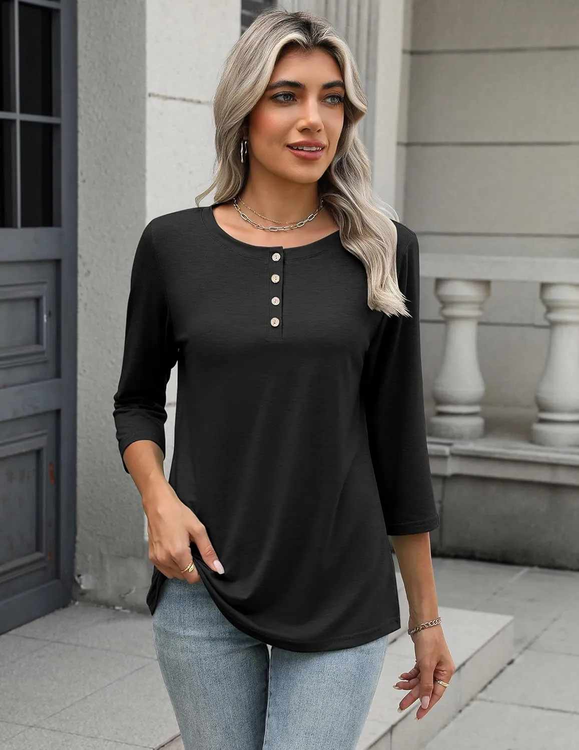 Zeagoo 3/4 Length Sleeve Women Tops Crew Neck Blouses Dressy Casual Summer T Shirts Loose Fit Business Work Clothes
