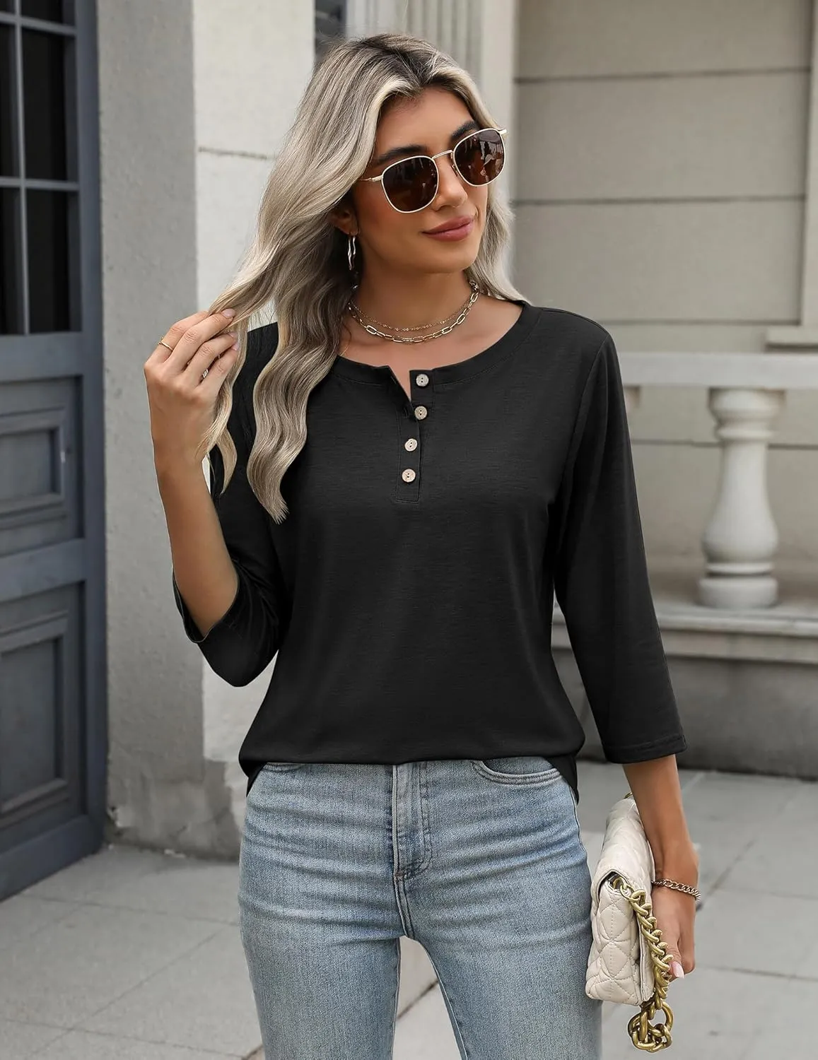 Zeagoo 3/4 Length Sleeve Women Tops Crew Neck Blouses Dressy Casual Summer T Shirts Loose Fit Business Work Clothes