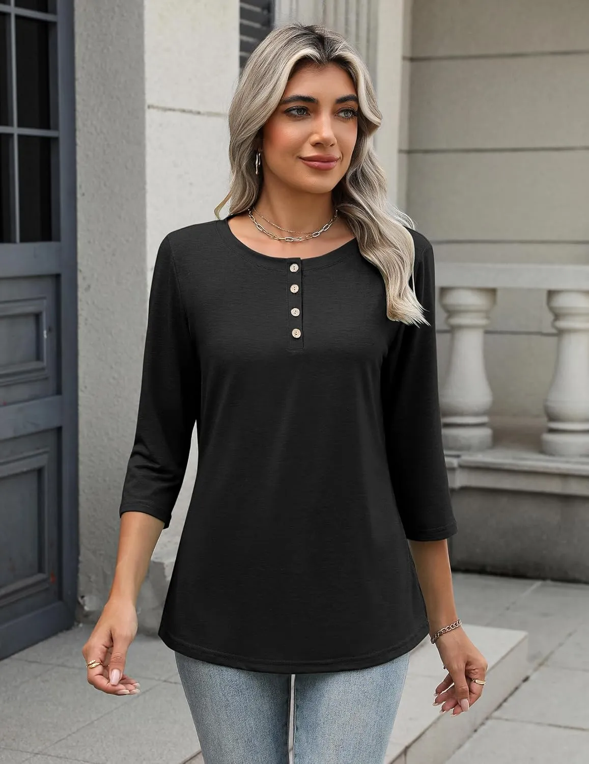 Zeagoo 3/4 Length Sleeve Women Tops Crew Neck Blouses Dressy Casual Summer T Shirts Loose Fit Business Work Clothes