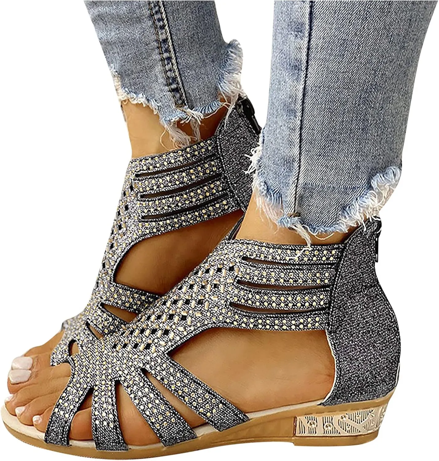 Zip Out Up Crystal Hollow Sandals Women's Vintage Outdoor Shoes Ladies Fashion Womens Glitter Sandals