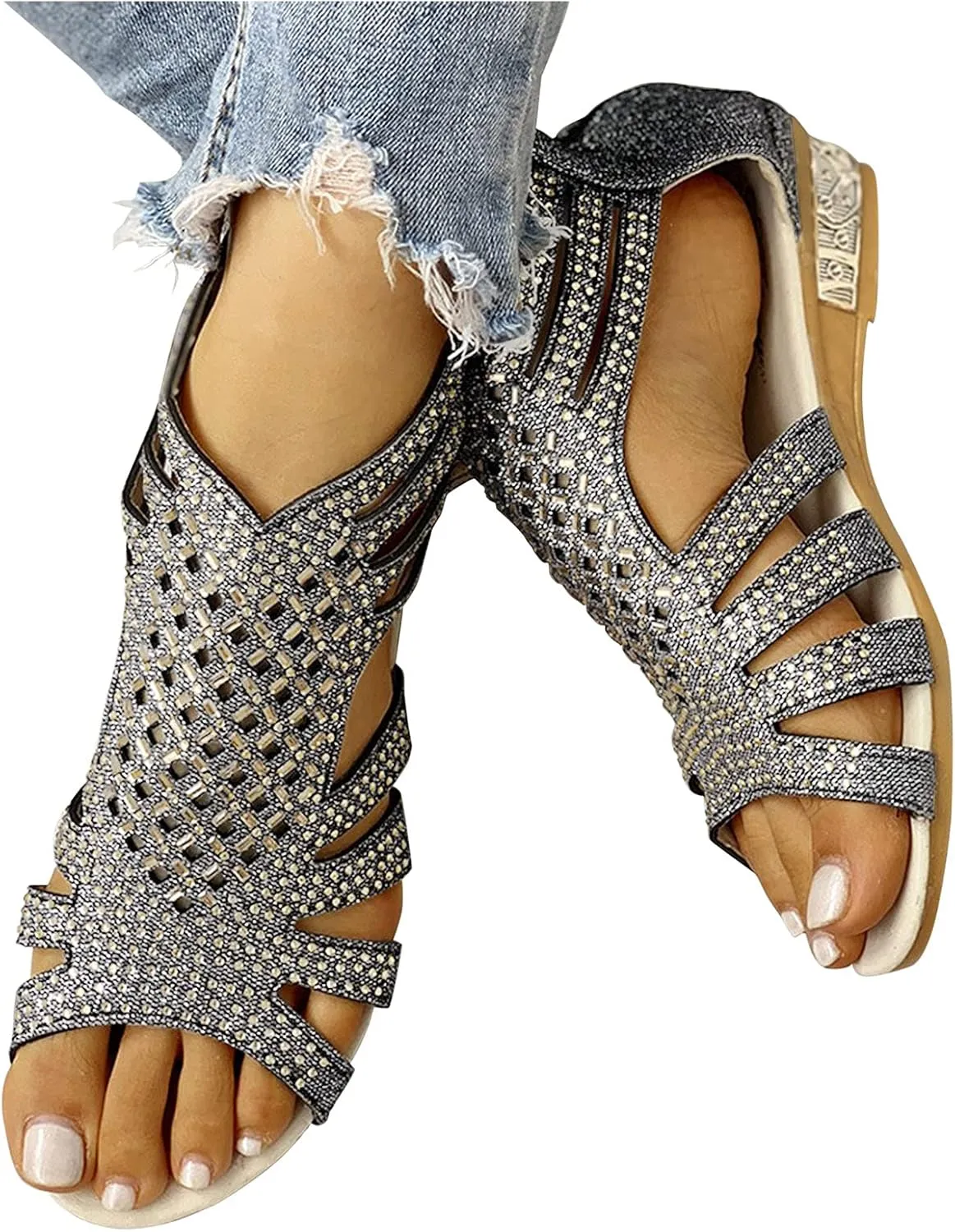 Zip Out Up Crystal Hollow Sandals Women's Vintage Outdoor Shoes Ladies Fashion Womens Glitter Sandals