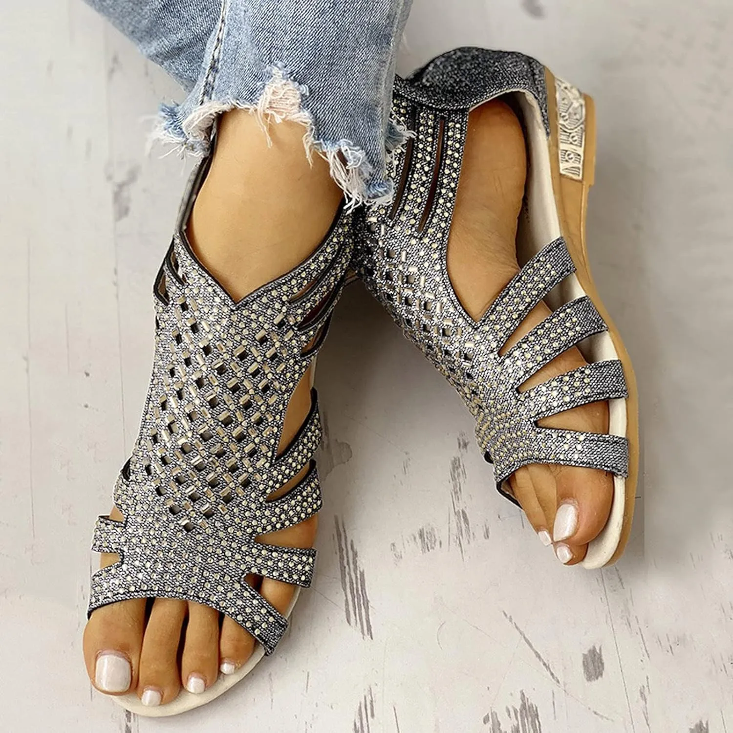 Zip Out Up Crystal Hollow Sandals Women's Vintage Outdoor Shoes Ladies Fashion Womens Glitter Sandals