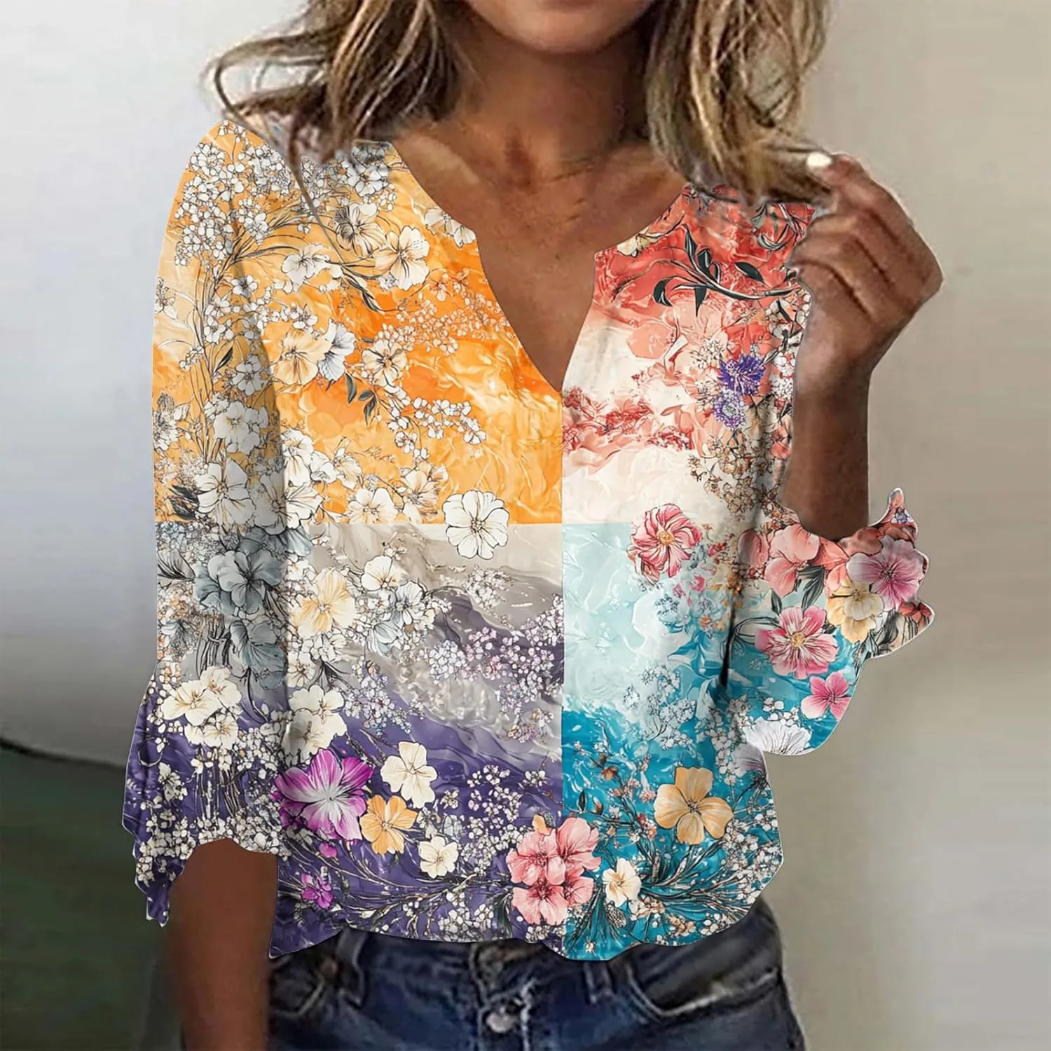 ZOCANIA Womens Tops 3/4 Sleeve Shirts Boho Floral Print Summer Blouses for Women Dressy Casual Loose V Neck Graphic Tee