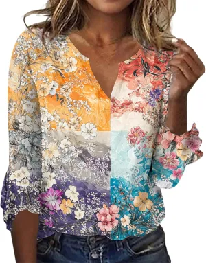 ZOCANIA Womens Tops 3/4 Sleeve Shirts Boho Floral Print Summer Blouses for Women Dressy Casual Loose V Neck Graphic Tee