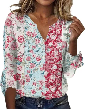ZOCANIA Womens Tops 3/4 Sleeve Shirts Boho Floral Print Summer Blouses for Women Dressy Casual Loose V Neck Graphic Tee