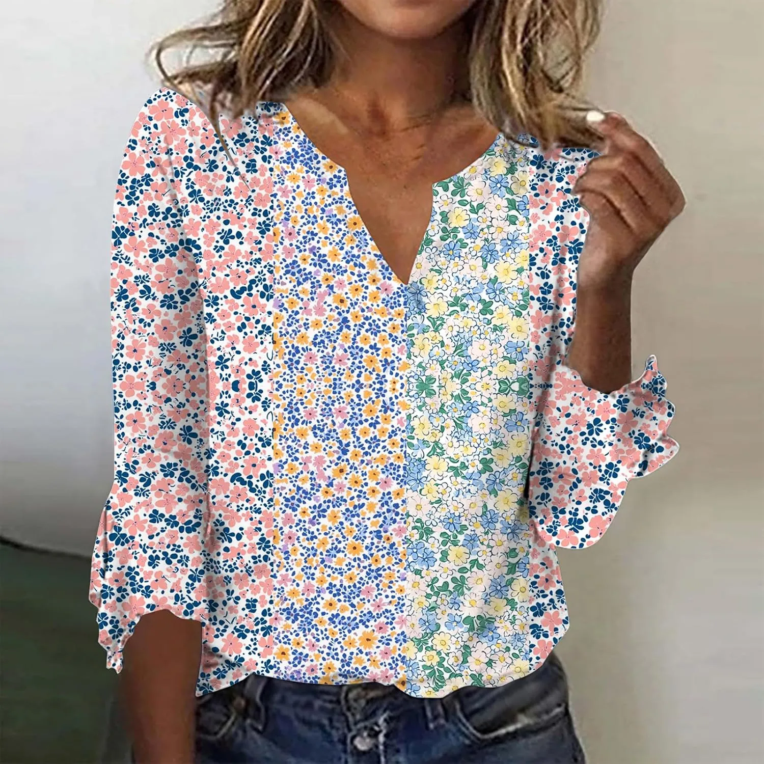 ZOCANIA Womens Tops 3/4 Sleeve Shirts Boho Floral Print Summer Blouses for Women Dressy Casual Loose V Neck Graphic Tee