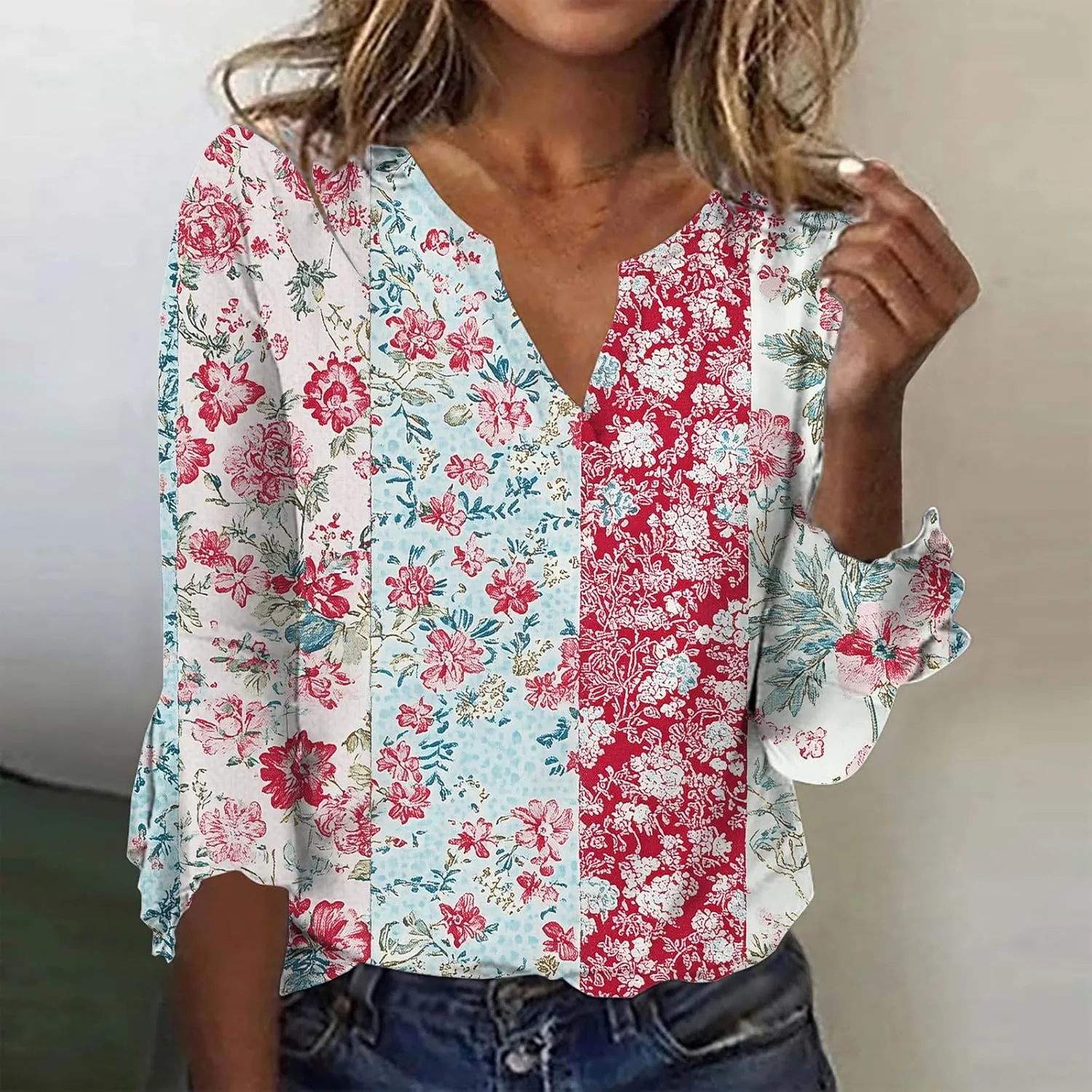 ZOCANIA Womens Tops 3/4 Sleeve Shirts Boho Floral Print Summer Blouses for Women Dressy Casual Loose V Neck Graphic Tee
