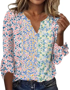 ZOCANIA Womens Tops 3/4 Sleeve Shirts Boho Floral Print Summer Blouses for Women Dressy Casual Loose V Neck Graphic Tee