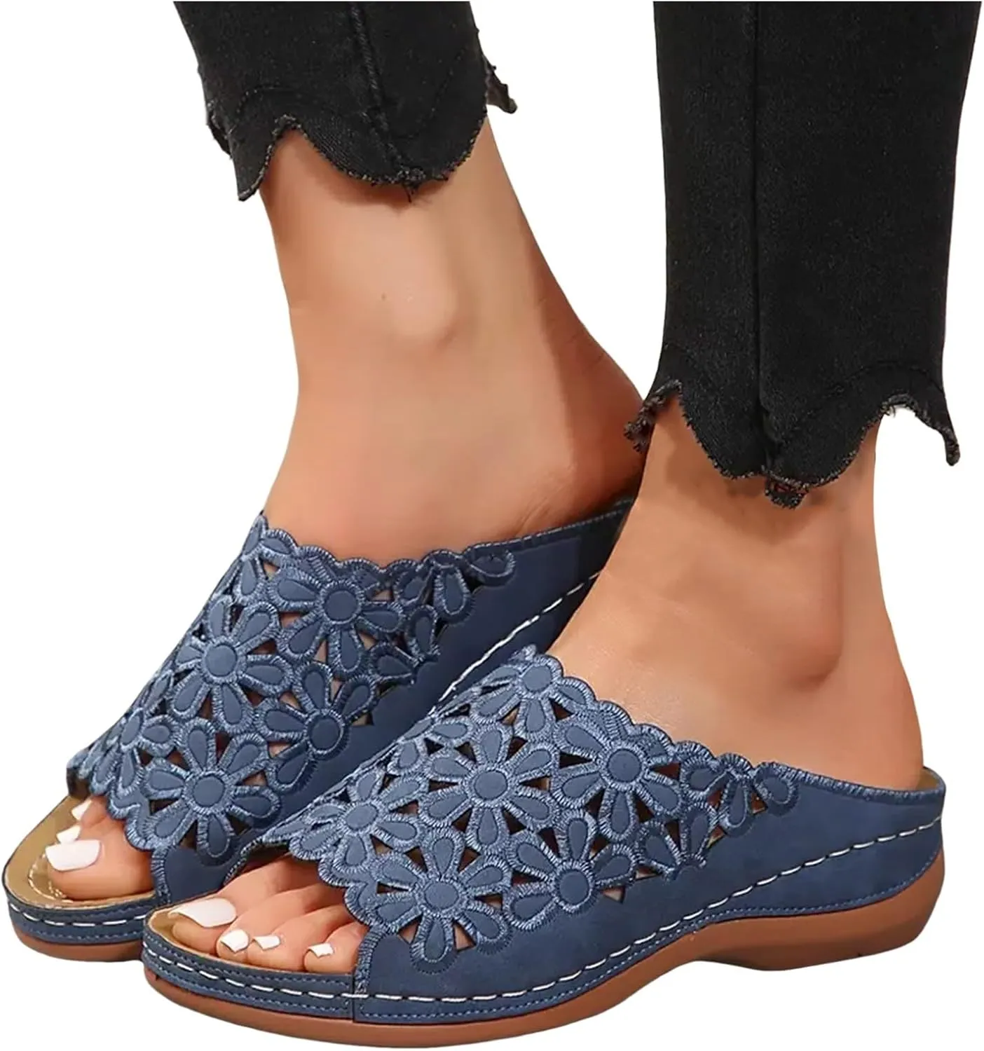 ZSpzx Orthopedic Sandals for Women,2025 Arch Support Wedge Flip Flops Slide Comfortable Open Toe Slip on Flowers Hollow Out On Dressy Summer Travel Work