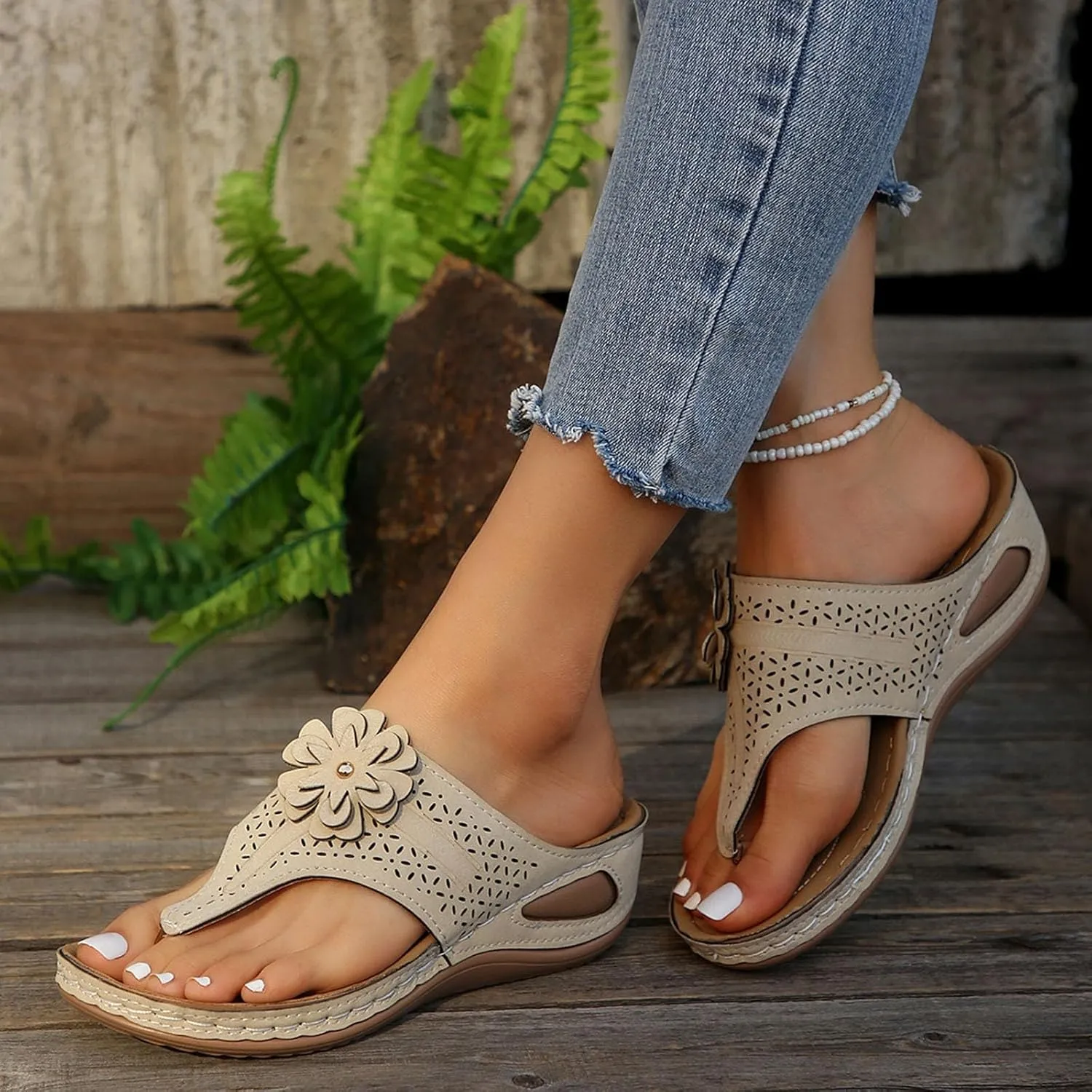 ZSpzx Orthopedic Sandals for Women,2025 Arch Support Wedge Flip Flops Slide Dressy Summer Casual Slip On Thick Sole Beach Flowers Comfortable Outdoor Walking Plantar Fasciitis Shoes