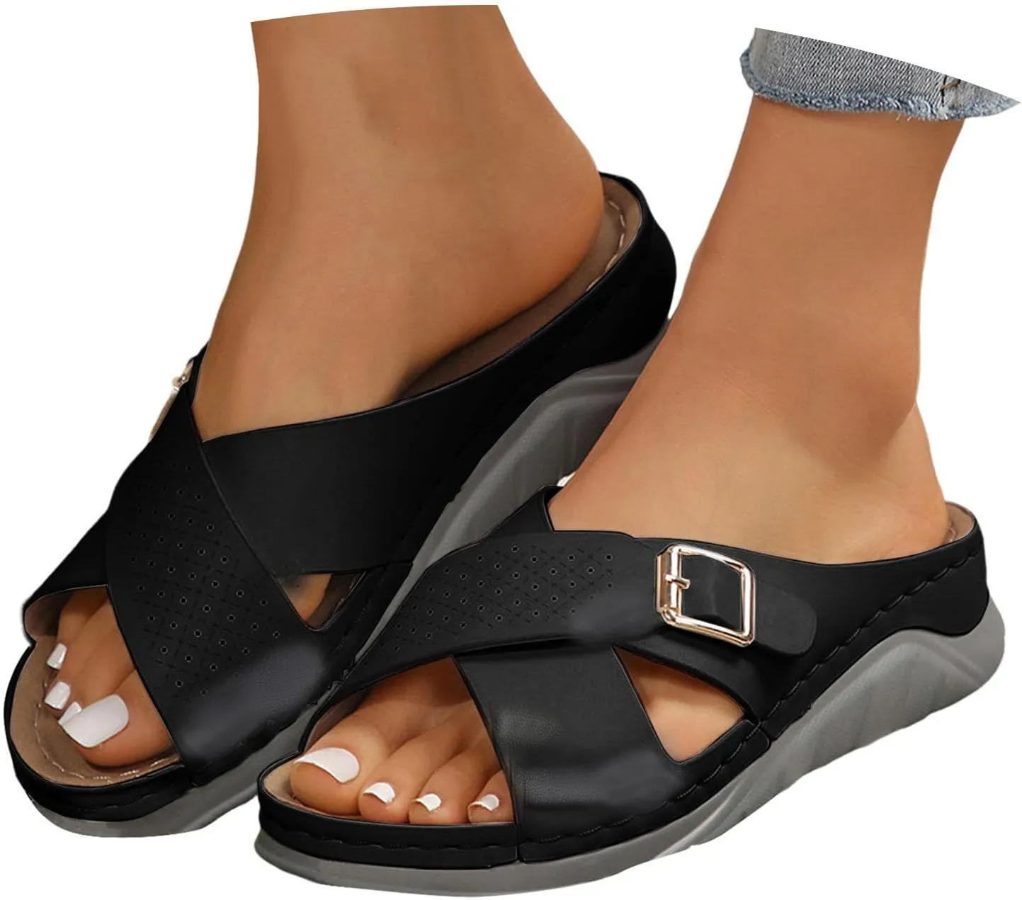 ZSpzx Orthopedic Sandals for Women,2025 Arch Support Wedge Flip Flops Slide Dressy Summer Open Toe Crisscross Straps Slip on Comfortable Slippers Metal Walking Beach Plantar Fasciitis Shoes