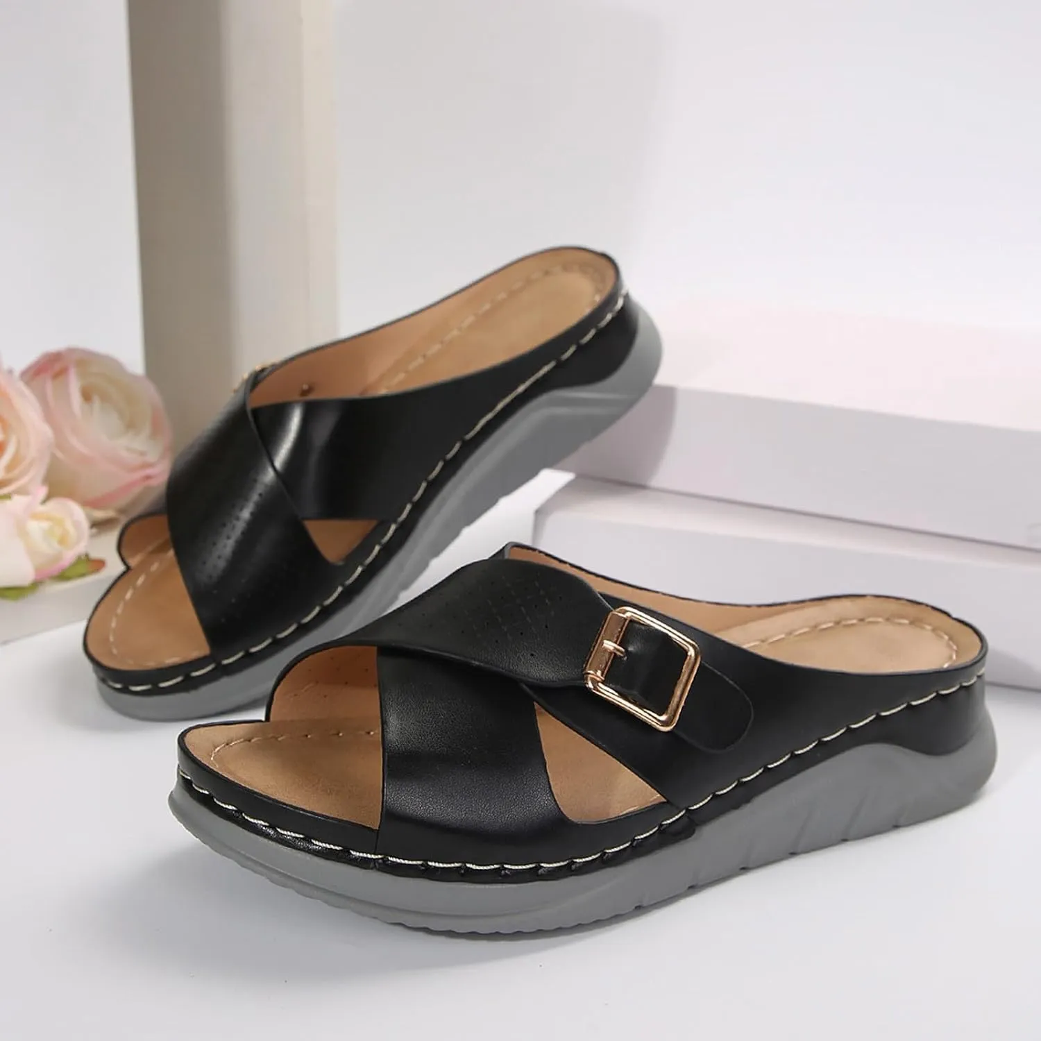 ZSpzx Orthopedic Sandals for Women,2025 Arch Support Wedge Flip Flops Slide Dressy Summer Open Toe Crisscross Straps Slip on Comfortable Slippers Metal Walking Beach Plantar Fasciitis Shoes