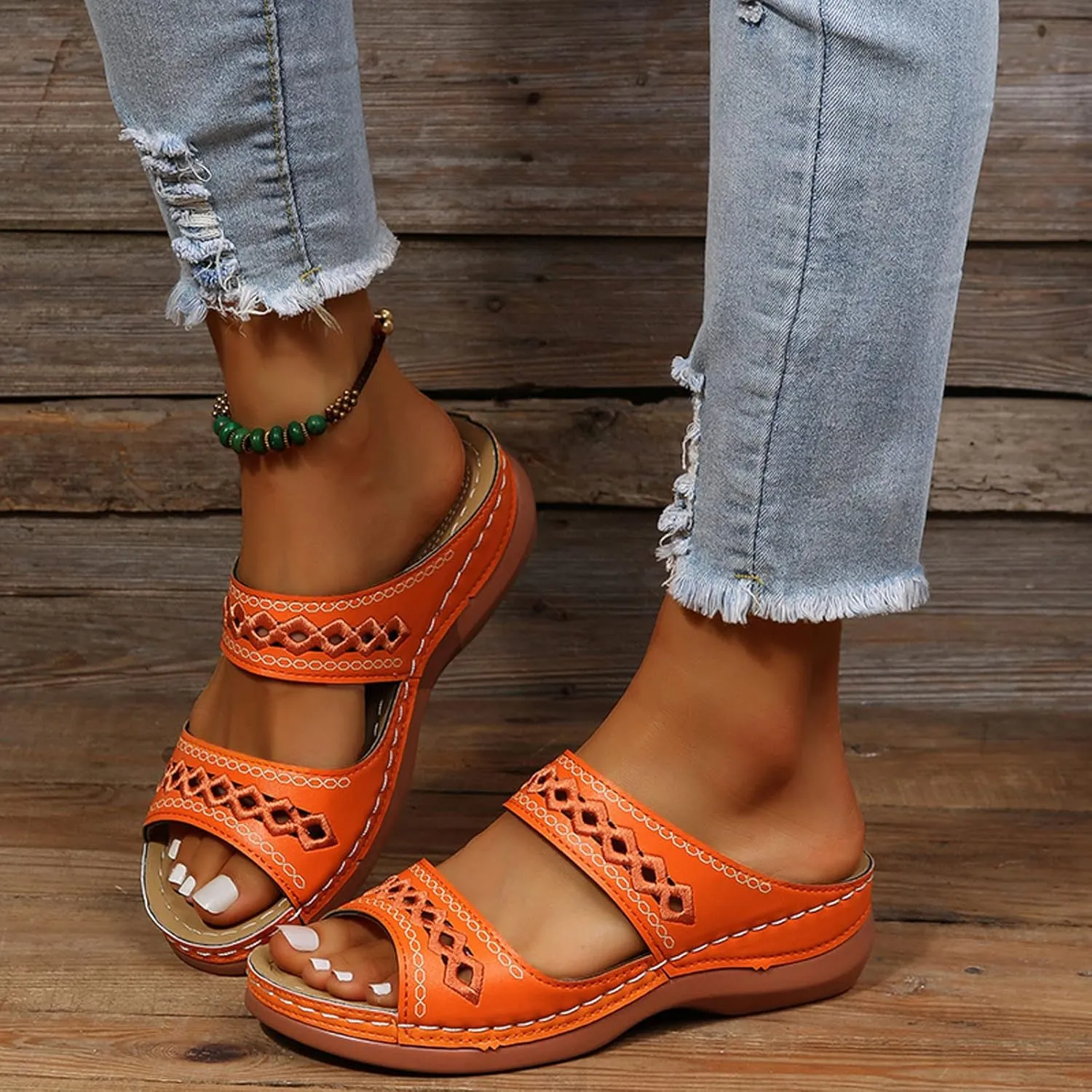 ZSpzx Orthopedic Sandals For Women,Women's Orthotic 2025 Dressy Summer Flat Open Toe Platform Sandals Hollow Out Comfortable Casual Boho Slip on Memory Foam Beach Slides Sandals Outdoor Walking Shoes