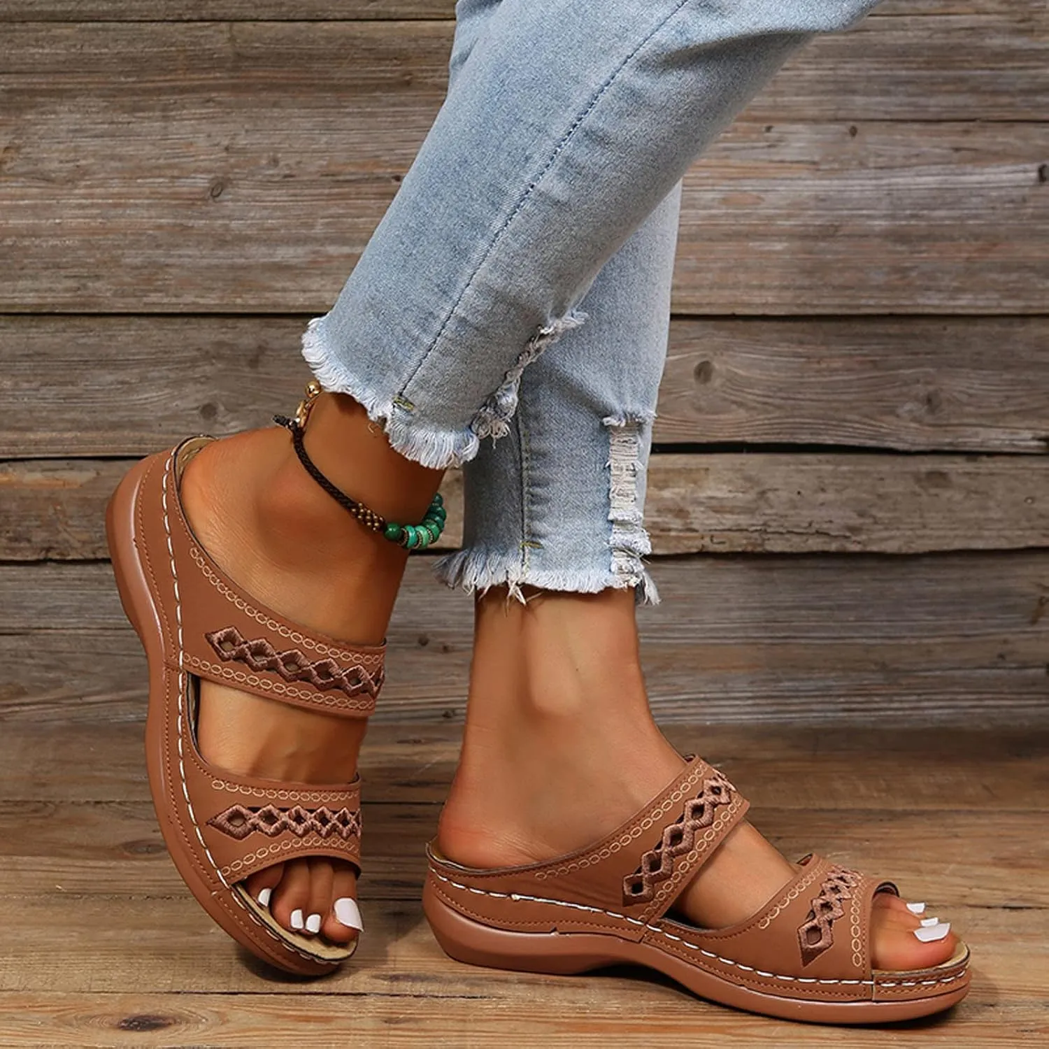 ZSpzx Orthopedic Sandals For Women,Women's Orthotic 2025 Dressy Summer Flat Open Toe Platform Sandals Hollow Out Comfortable Casual Boho Slip on Memory Foam Beach Slides Sandals Outdoor Walking Shoes