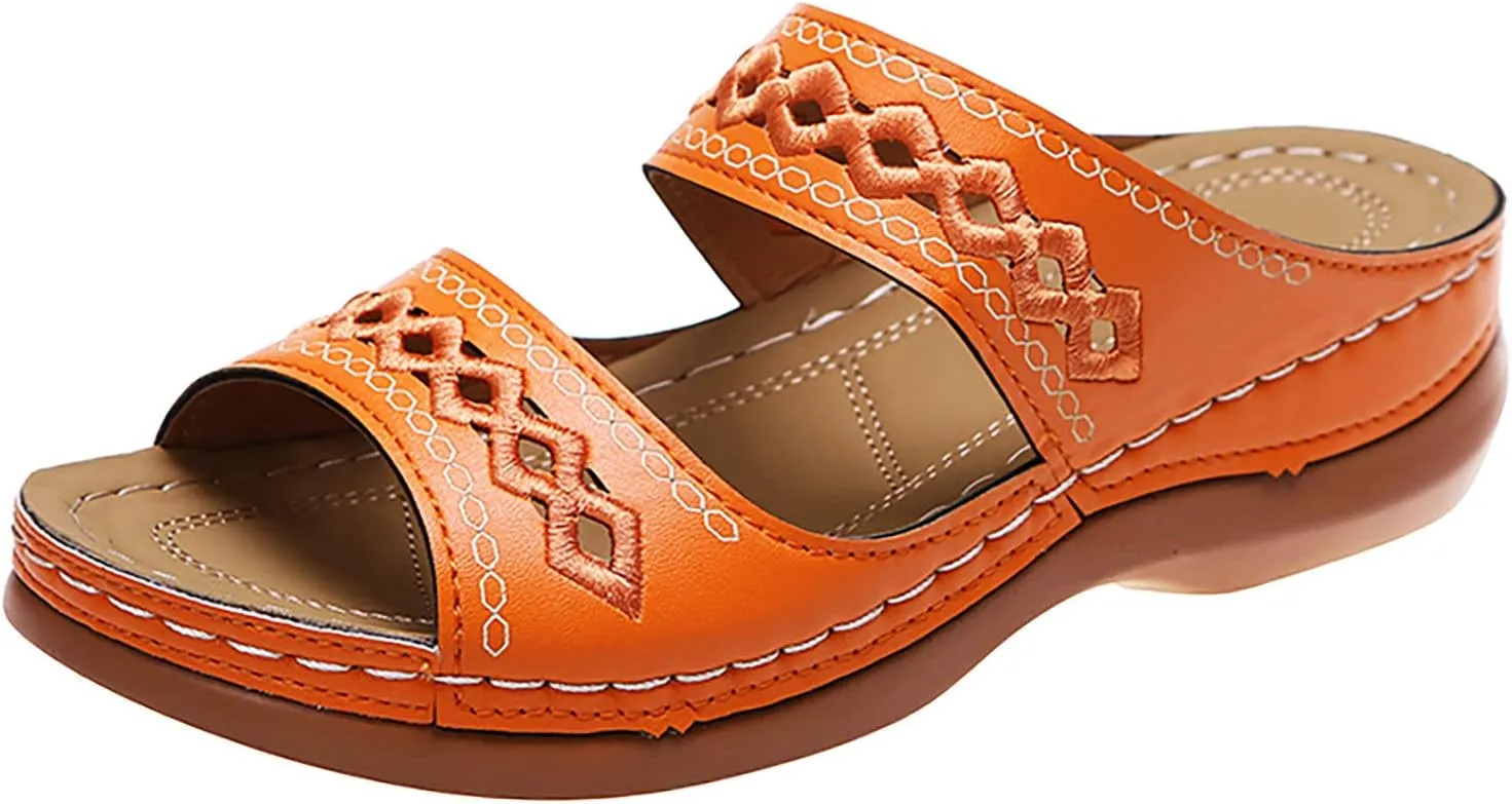 ZSpzx Orthopedic Sandals For Women,Women's Orthotic 2025 Dressy Summer Flat Open Toe Platform Sandals Hollow Out Comfortable Casual Boho Slip on Memory Foam Beach Slides Sandals Outdoor Walking Shoes