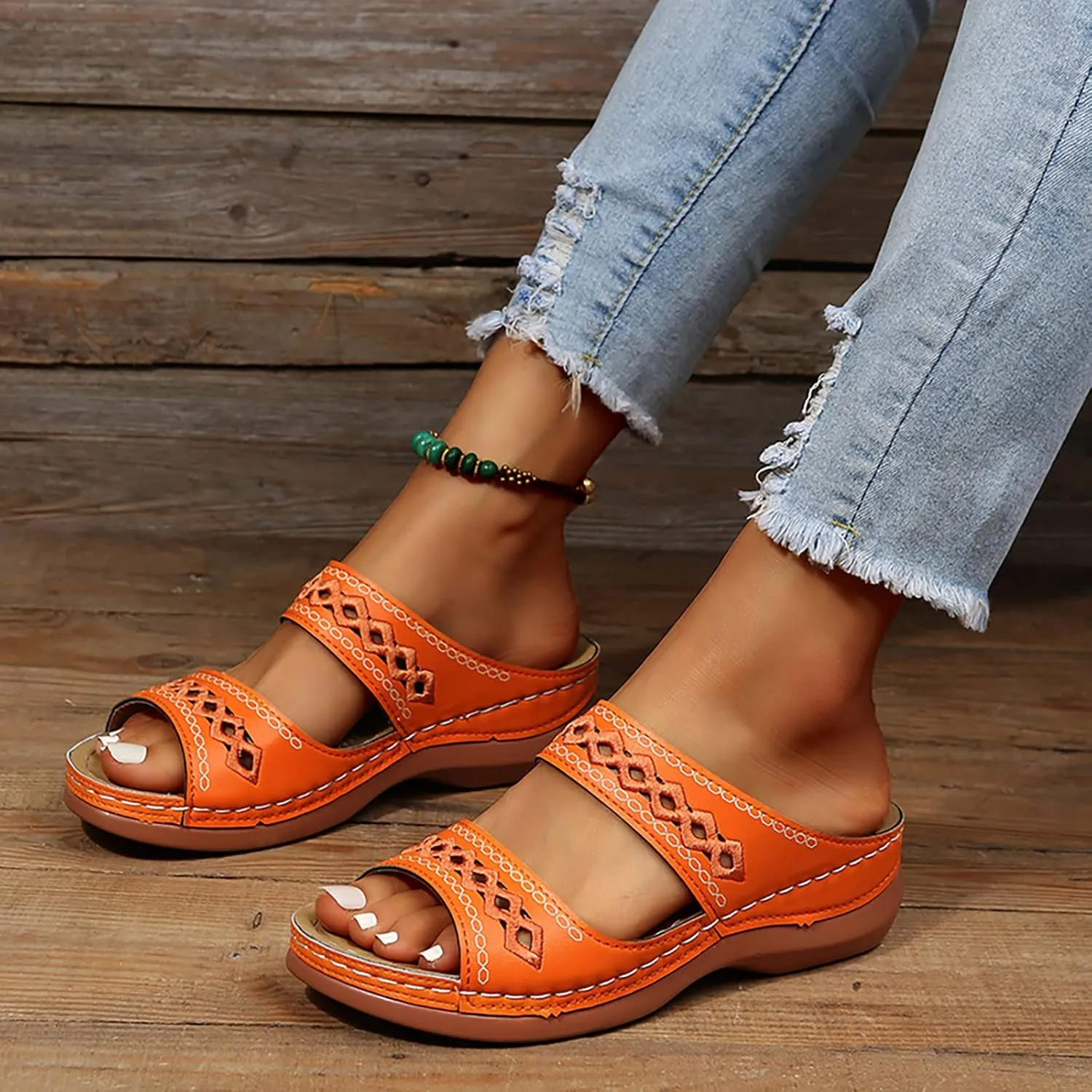 ZSpzx Orthopedic Sandals For Women,Women's Orthotic 2025 Dressy Summer Flat Open Toe Platform Sandals Hollow Out Comfortable Casual Boho Slip on Memory Foam Beach Slides Sandals Outdoor Walking Shoes