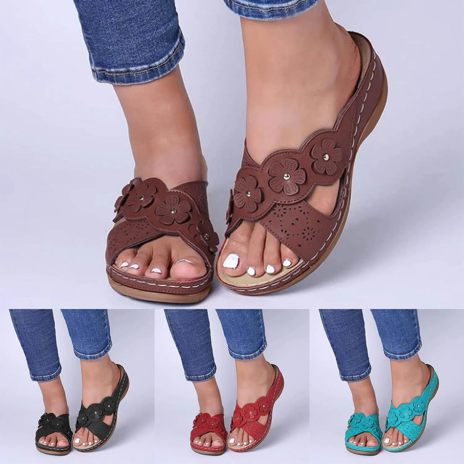 ZSpzx Summer Sandals For Women 2025 Orthopedic Comfortable Womens Hollow Flower Arch Support Casual Wedge Dressy Beach Slide Walking Flip Flops Sandalias OrtopDicas Para Mujer for Daily Wear